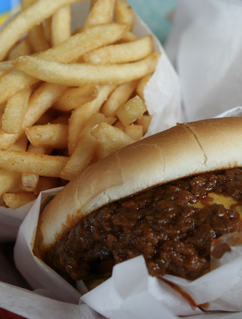 chili cheeseburger and french fries